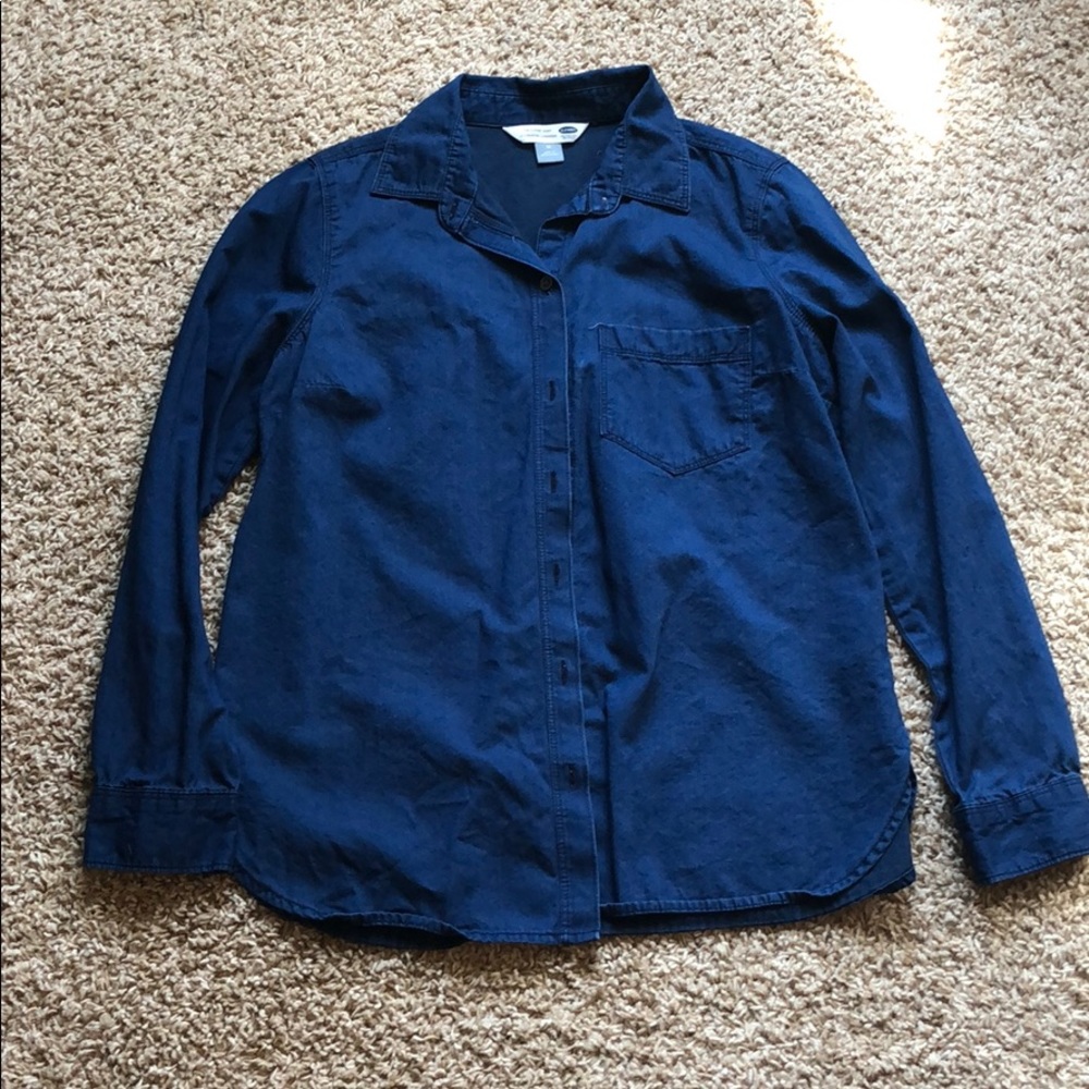 Dark wash denim button down shirt